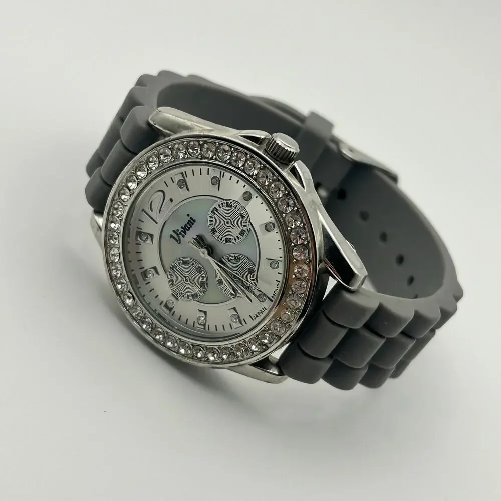 Vivani Mother Pearls Crystal Bezel Gray Band Women’s Watch New Battery